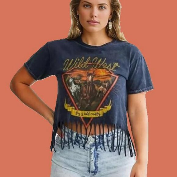 American Highway Wild West Crop Fringe Graphic T - Picture 1 of 7